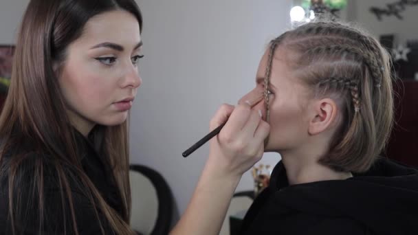 Vista lateral de maquillaje artista trabajo con hermosa modelo de pelo rubio. Blog de maquillador. Primer plano. — Vídeos de Stock