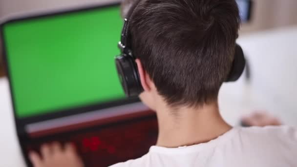 Вид ззаду молодого хлопчика грати в гру на ноутбуці. Зелений екран. Парочка в навушниках знімає відео на веб-камеру. крупним планом — стокове відео