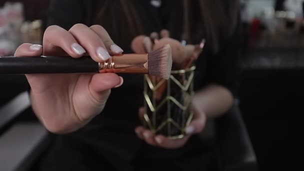 Artista de maquillaje femenino mostrar cepillo que utilizará. Artista de maquillaje revisa cosméticos y pinceles en estudio — Vídeos de Stock