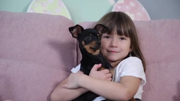 En söt liten flicka kramar sitt husdjur hemma på soffan. Ungen förbereder sig för påsk hemma under karantänen. Söt hund — Stockvideo