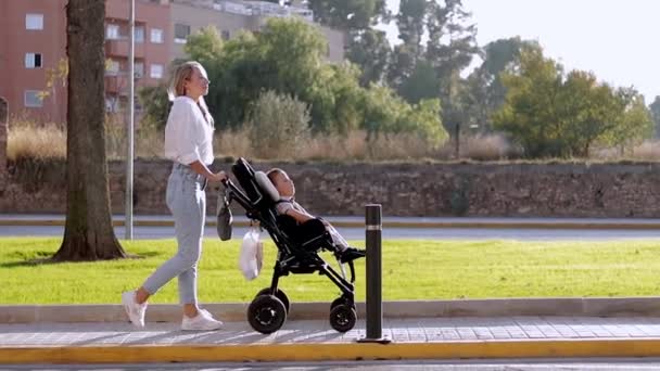 Video van familie moeder wandelen buiten en verzorger helpen kijken naar gehandicapte zoon kind zitten in rolstoel momenten. Concept gehandicaptenzorg — Stockvideo