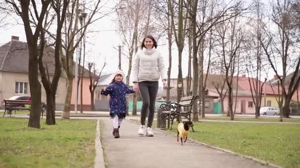 漂亮的年轻妈妈带着女儿和小狗散步。检疫期间与宠物在户外散步的快乐家庭 — 图库视频影像