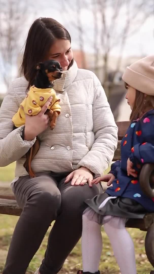 Vidéo verticale de maman assise avec sa fille et son petit chien sur le banc. Famille heureuse marchant à l'extérieur — Video