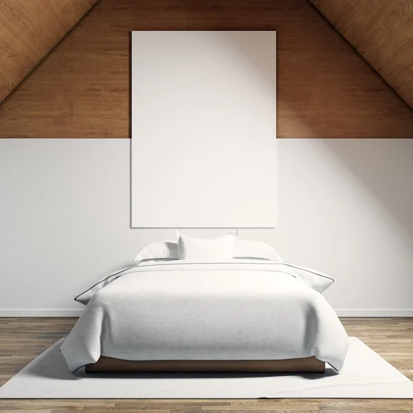 Photo of moder bedroom in chale house. Empty white canvas hanging on the wood wall and classic double bed wooden floor. Square, blank mockup. 3d rendering