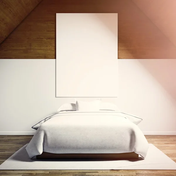 Foto di camera da letto moderna in chale house. Svuotato tela bianca appesa alla parete di legno e classico letto matrimoniale pavimento in legno. Mockup quadrato e vuoto, tenui ombre. rendering 3d — Foto Stock