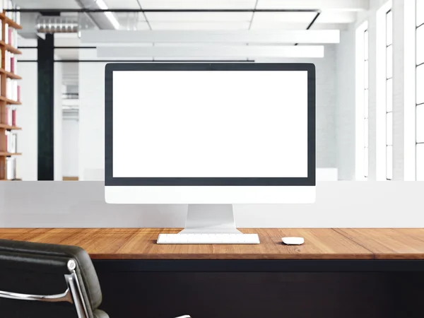 Workspace in moder coworking loft with generic design computer witH blank screen on the wood table. Ready for working new startup. 3d render — Stock Fotó