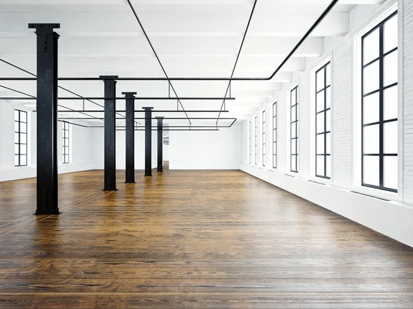 Zdjęcie pustego wnętrza Muzeum w nowoczesnym budynku. Otwarta przestrzeń Loft. Puste białe ściany. Drewniana podłoga, czarne belki, duże okna. Poziome, puste makieta. Renderowanie 3D — Zdjęcie stockowe