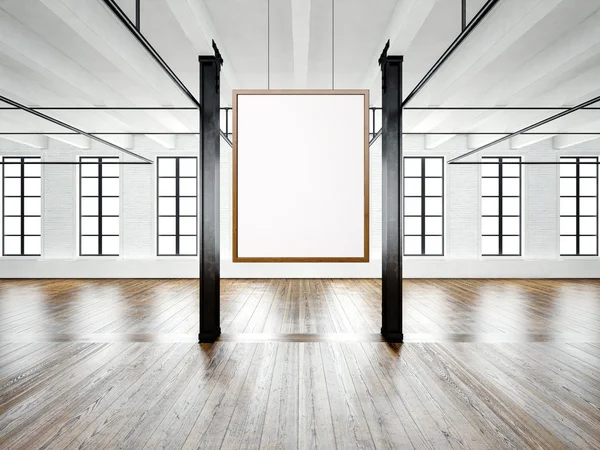 Zdjęcie pustego wnętrza w nowoczesnym budynku. Otwarta przestrzeń Loft. Pusta biała płótno wisząca na drewnianym ramie. Drewniana podłoga, Cegła ściana, duże okna. Poziome, puste makieta. Renderowanie 3D — Zdjęcie stockowe