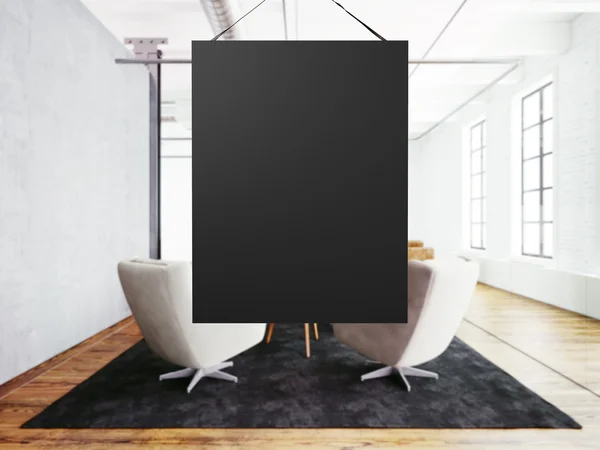 Fotografie prázdné černé plátno visící ve středu zasedrny. Interiér moderního podkroví. Dřevěná podlaha, stůl, nábytek, betonová stěna, velká okna. Horizontální, slepý. prostorové vykreslování — Stock fotografie