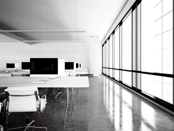 Panoramik pencereler ile modern çalışma alanı loft Fotoğraf. Çağdaş konferans salonu toplantısında jenerik tasarım bilgisayar ve beyaz jenerik mobilya. Birlikte çalışmak için açık alan ofisi. Yatay.3d render — Stok fotoğraf