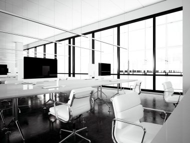 Görüntü iç modern kütüphane. Çalışma alanı loft panoramik pencereler. Çağdaş konferans salonu toplantısında jenerik tasarım bilgisayarları ve jenerik beyaz mobilyalar. Açık alan birlikte çalışma. Yatay.3d render