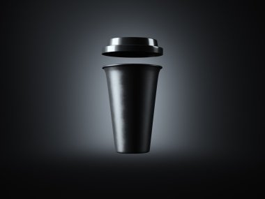 Fotoğraf siyah plastik kahve fincanı götürmek. Karanlık arka planda izole edilmiş. İş bilgisi için hazır. Ön görüş. Yatay bir maket. 3d render