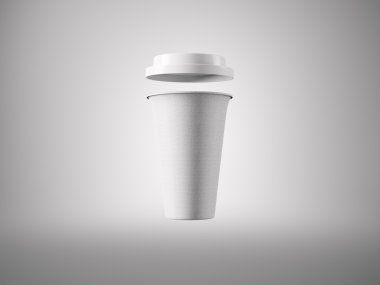 Fotoğraf açık beyaz karton kahve fincanı götürmek. Işık arka planında izole edilmiş. İş bilgisi için hazır. Yatay bir maket. 3d render