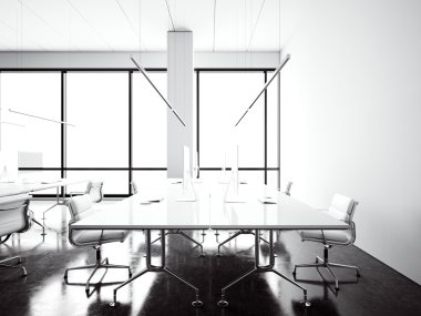 Fotoğraf iç modern kütüphane. Çalışma alanı loft panoramik pencereler. Çağdaş konferans salonu toplantısında jenerik tasarım bilgisayarları ve jenerik beyaz mobilyalar. Açık alan birlikte çalışma. Yatay.3d render