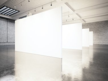 Fotoğraf sergi modern galeri, açık alan. Boş beyaz boş tuval çağdaş sanayi yer. Beton zemin, tuğla duvarlar ile sadece iç çatı tarzı. İş bilgileri için yer. 3d Render