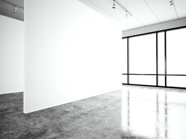 Fotoğraf sergi modern galeri, açık alan. Boş beyaz boş tuval çağdaş sanayi yer. Beton zemin, panoramik pencereler ile sadece iç çatı tarzı. Siyah, beyaz. 3d Render