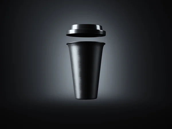 사진 검은 색 플라스틱은 커피 컵을 빼앗아. 어두운 배경에 격리. 비즈니스 정보에 대한 준비. 전면 뷰입니다. 수평 모형. 3D 렌더링 — 스톡 사진