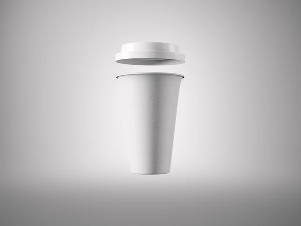 Foto caixa branca aberta tirar xícara de café. Isolado no fundo da luz. Pronto para informações de negócios. Mockup horizontal. Renderização 3d — Fotografia de Stock