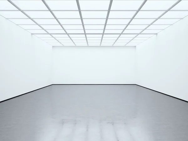 Photo blank white empty room contemporary gallery. Modern open space expo with concrete floor. Place for business information. Horizontal mockup. 3d Render — Stock Photo, Image