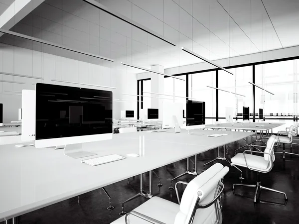 Intérieur de l'image bibliothèque moderne.Espace de travail loft fenêtres panoramiques.Ordinateurs de conception générique et mobilier blanc générique dans la salle de conférence contemporaine.Coworking espace ouvert.Horizontal.3D rendu — Photo