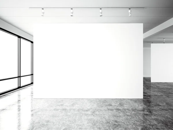 Picture exposition modern gallery,open space.Blank white empty canvas contemporary industrial place.Simply interior loft style with concrete floor,panoramic windows. Black and white.3d Render — Stock Photo, Image