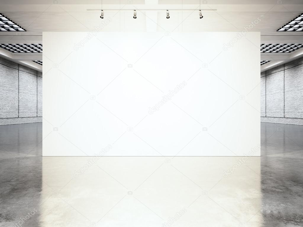 Picture exposition modern gallery,open space.Blank white empty canvas contemporary industrial place.Simply interior loft style with concrete floor,bricks walls.Place for business information.3d Render