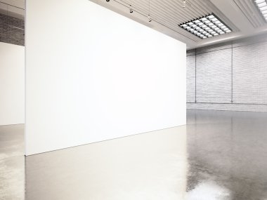 Fotoğraf sergi modern galeri, açık alan. Boş beyaz boş tuval çağdaş sanayi yer. Beton zemin, tuğla duvarlar ile sadece iç çatı tarzı. İş bilgisi için yer. 3d Render