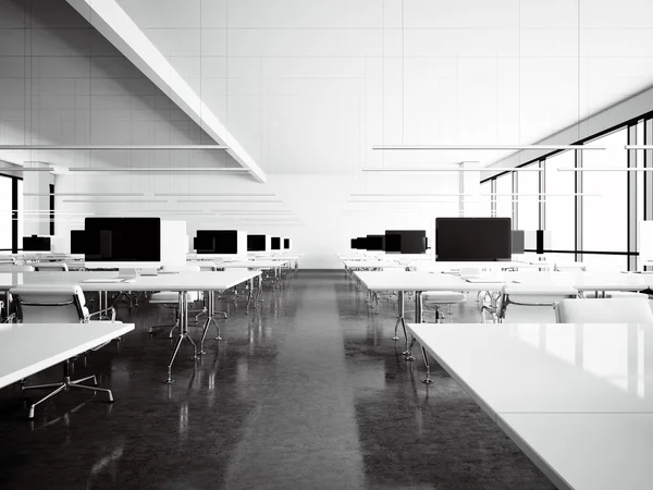 Imagínese loft de espacio de trabajo moderno con ventanas panorámicas.Computadoras de diseño genérico y muebles blancos genéricos en la reunión de la sala de conferencias contemporánea.Oficina de espacio abierto para coworking. Horizontal. Renderizado 3D — Foto de Stock