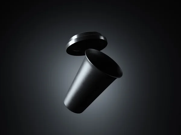 Φωτογραφία μαύρο πλαστικό πάρει μακριά κούπα καφέ. Απομονωμένος στο σκοτεινό φόντο. Έτοιμες για επιχειρηματικές πληροφορίες. Οριζόντια μαίδα. απόδοση 3D — Φωτογραφία Αρχείου