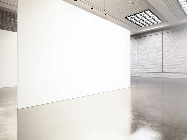 Esposizione fotografica galleria moderna, open space. Bianco bianco vuoto tela luogo industriale contemporaneo.Semplicemente stile loft interno con pavimento in cemento, muri in mattoni.Luogo per informazioni commerciali. Render 3d — Foto Stock