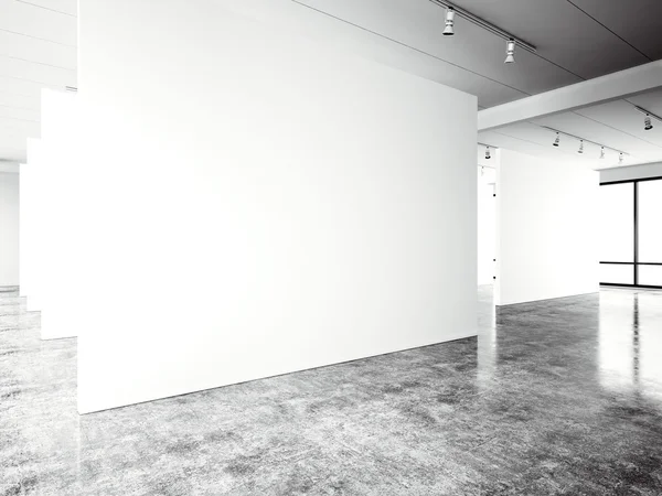 Exposición galería moderna, espacio abierto. Blanco en blanco vacío lienzo contemporáneo industrial place.Simply estilo loft interior con piso de hormigón, ventanas panorámicas. Negro, blanco. Renderizado 3d — Foto de Stock