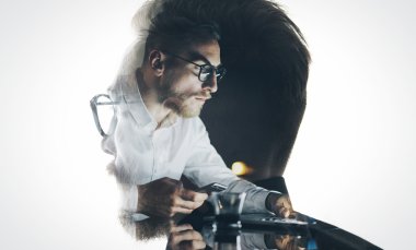 Portrait of stylish bearded lawyer wearing glasses and looking city. Double exposure, businessman working laptop at night, texting smartphone background. Isolated white. Horizontal clipart