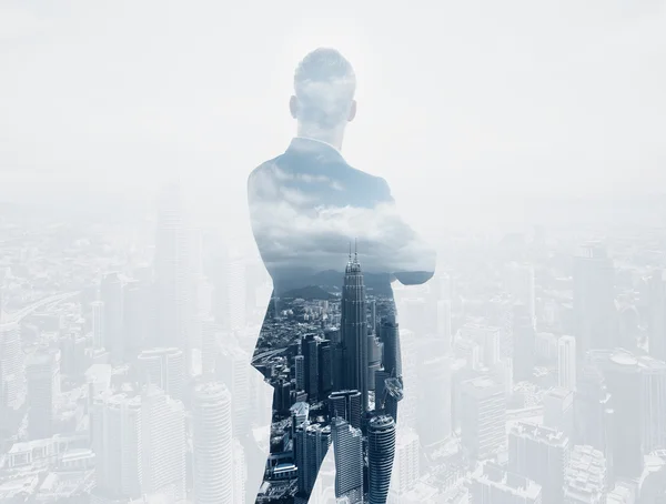 Photo of stylish adult businessman wearing trendy suit and looking city. Double exposure, panoramic view contemporary City background. Horizontal — Stock Photo, Image