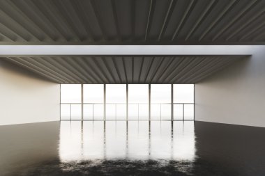Modern binada açık alan yeri fotoğrafı. Beton zemin ve panoramik pencereler ile boş iç çatı tarzı. Soyut arka plan, boş duvarlar. İş bilgisi için hazır. Yatay mockup.3d render