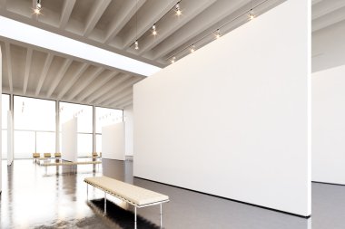 Fotoğraf sergi modern galeri. Büyük beyaz boş tuval çağdaş sanat müzesi asılı. Beton zemin ile Iç sanayi tarzı, spot, jenerik tasarım mobilya ve bina. 3d render