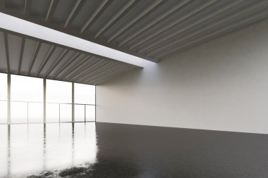 Modern binada büyük boş uzay galerisi Fotoğraf. Beton zemin, panoramik pencereler ile boş iç çatı tarzı. Soyut arka plan, boş duvarlar. İş bilgisi için hazır. Yatay. 3d render