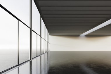 Boş uzay odası modern bina fotoğrafı. Beton zemin, panoramik pencereler ile boş iç çatı tarzı. Soyut arka plan, boş duvarlar. İş bilgisi için hazır. Yatay mockup.3d render