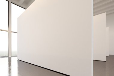 Fotoğraf sergi alanı modern galeri. Büyük beyaz boş tuval çağdaş sanat müzesi asılı. Beton zemin, spot, jenerik tasarım mobilya ve bina.3d render ile Iç loft tarzı