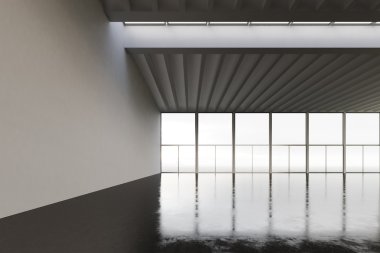 Modern binada boş uzay hangarı fotoğrafı. Beton zemin, panoramik pencereler ile boş iç çatı tarzı. Soyut arka plan, boş duvarlar. İş bilgisi için hazır. Yatay mockup.3d render
