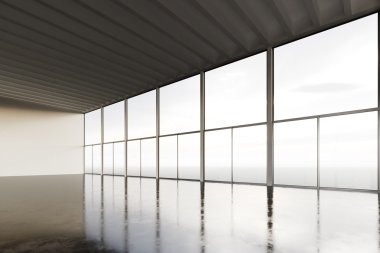 Boş açık uzay odası modern bina fotoğrafı. Beton zemin, panoramik pencereler ile boş iç çatı tarzı. Soyut arka plan, boş duvarlar. İş bilgisi için hazır. Yatay mockup.3d render