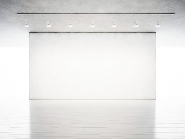 Fotoğraf sergisi modern galeri. Çağdaş sanat müzesinde boş beton duvar. Beyaz ahşap zemin ile iç sanayi tarzı. Spot ışıkları tavanda asılı. 3d render