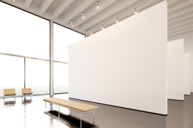 Fotoğraf sergi modern galeri, açık alan. Büyük beyaz boş tuval çağdaş sanat müzesi asılı. Beton zemin ile Iç loft tarzı, spot, jenerik tasarım mobilya ve bina.3d render