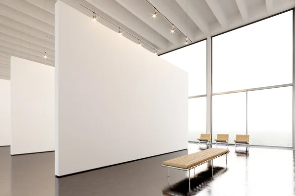 사진 박람회 현대 갤러리, 열린 공간. 현대 미술관에 매달려 큰 흰색 빈 캔버스. 콘크리트 바닥, 가벼운 반점, 일반 디자인 가구 및 건물과 인테리어 로프트 스타일.3D 렌더링 — 스톡 사진