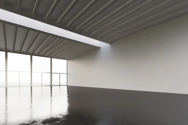 Foto van enorme lege ruimte galerij in modern gebouw. Lege interieur loft stijl met betonnen vloer, panoramische ramen. Abstracte achtergrond, blanco wanden. Klaar voor bedrijfsinformatie. Horizontale. 3D-rendering — Stockfoto