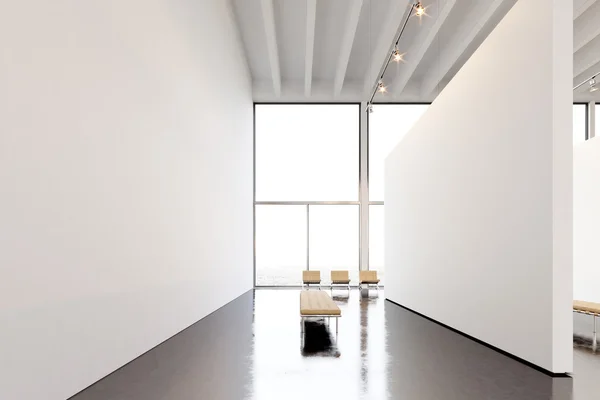 사진 전시 현대 갤러리, 열린 공간. 현대 미술관에 매달려 큰 흰색 빈 캔버스. 콘크리트 바닥, 가벼운 반점, 일반 디자인 가구 및 건물과 인테리어 로프트 스타일.3D 렌더링 — 스톡 사진