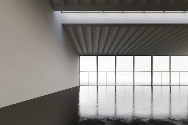 Foto do hangar de espaço vazio no edifício moderno.Estilo loft interior vazio com piso de concreto, janelas panorâmicas.Fundo abstrato, paredes em branco. Pronto para o negócio info.Horizontal mockup.3d renderização — Fotografia de Stock