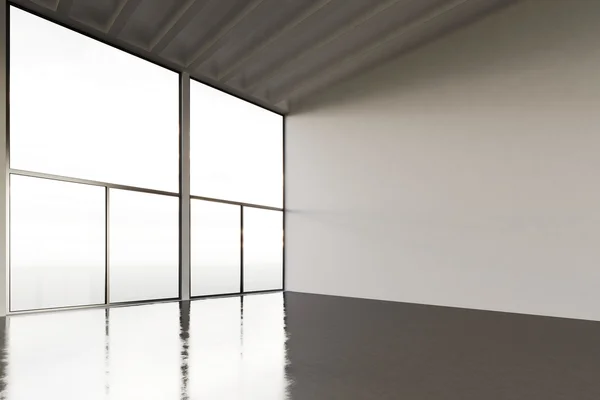 Imagem de um enorme hangar de exposições no edifício moderno. Expo interior loft estilo com piso de concreto, janelas panorâmicas.Fundo abstrato, paredes em branco. Pronto para o info.Horizontal business mockup. Renderização 3d — Fotografia de Stock