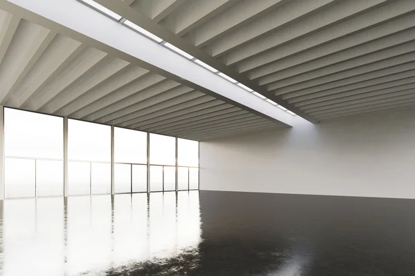 Zdjęcie ogromny pusty Expo hangar w nowoczesnym budynku. Wnętrze Loft styl z betonowej podłodze, panoramiczne okna. Streszczenie tła, puste ściany. Gotowy do informacji biznesowych. Renderowanie poziome makiety. 3D — Zdjęcie stockowe