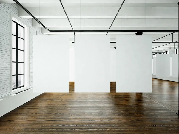 Modern art museum expo in loft interior. Open space studio.Empty white canvas hanging.Wood floor, bricks wall,panoramic windows.Blank frames ready for bussiness information.Horizontal. 3d rendering — Stock Photo, Image