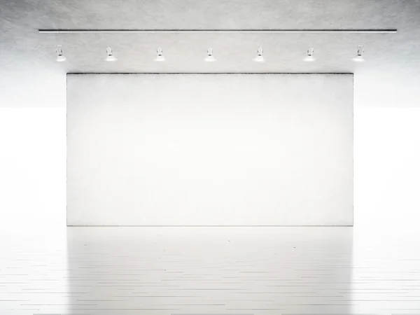 Galería de fotos moderna. Muro de hormigón en blanco en el museo de arte contemporáneo. Estilo industrial interior con suelo de madera blanca. Proyectores colgando en el techo. renderizado 3d — Foto de Stock